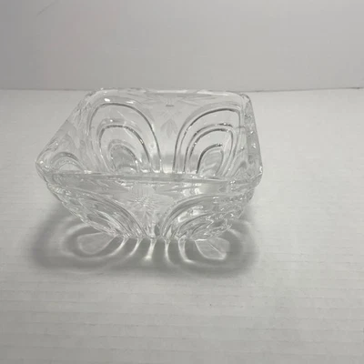 Cuenco de Cristal Corte Vintage Cuadrado 6" Grabado Floral Starburst Patrón Vidrio Pesado Foto 1 de 4