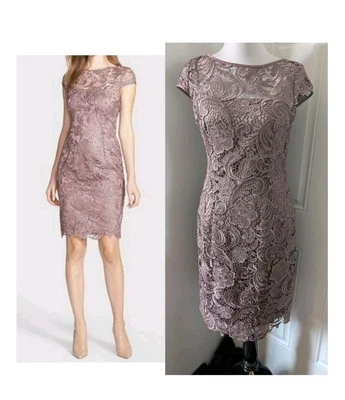 Vestido Adrianna Papell Talla 8 Crochet Encaje Superposición Cremallera Color Buff Fiesta Boda Foto 1 de 4