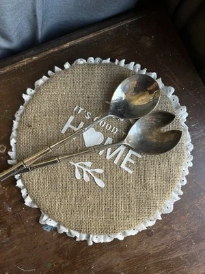 Silver Tone Bamboo Handle Salad Tosser Serving Spoon Fork Flatware Set Italy - Image 1 of 4