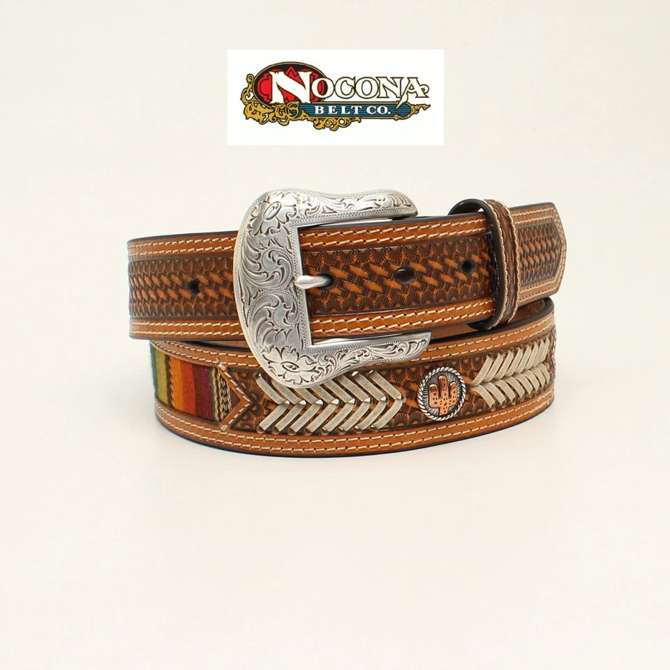 NOCONA Cintura cowboy western country cuoio pelle fibbia incisa navajo cactus - Immagine 1 di 1