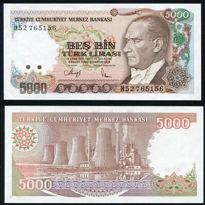 Turkey 5000 lira 1990 Ataturk & Thermal Power Plant P198 Series Prefix H UNC - Image 1 of 4