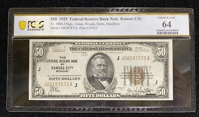 1929 $50 Kansas City Federal Reserve Note PCGS CHOICE UNC 64 - Image 1 of 2