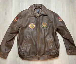 Us Military Jacket Men Large Brown Leather Bomber Patches Paradise Island Marine - Picture 1 of 14