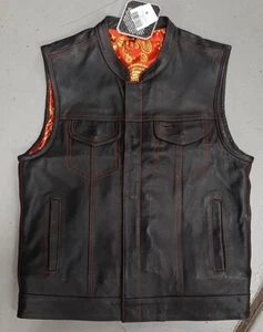 Men's Black Club Style Plain Side Leather Vest - Red/Gold Paisley #6668 - Picture 1 of 2