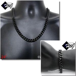 24"MEN Stainless Steel HEAVY 9mm Black Plated Cuban Curb Necklace Bracelet SET - Picture 1 of 5