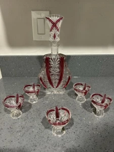 Vintage Glass Decanter + 5 Shot Glasses w/Ruby Accents 24% Lead Crystal Germany - Picture 1 of 7