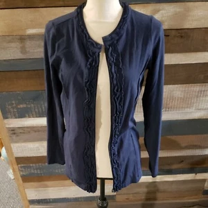 Womens Christopher & Banks Cardigan Sweater Size Small Navy Blue Ruffled Zipper  - Picture 1 of 7