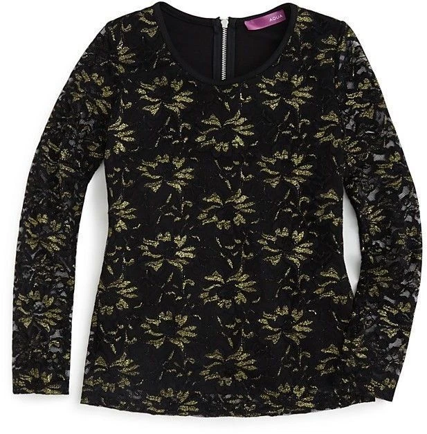 AQUA Girls’ Metallic Lace Top, Black, Size L - Image 1 of 1