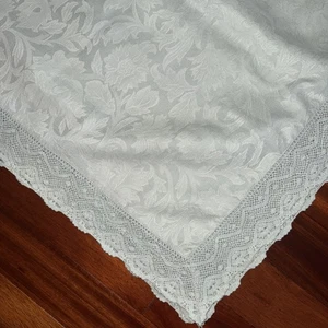 April Cornell Aqua Brocade W Lace Farmhouse Cottage 56x56 In Tablecloth - Picture 1 of 5