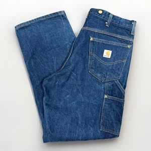 Vintage Carhartt Denim Carpenter Jeans USA Union Made 36x32 Suspenders Button  - Picture 1 of 16