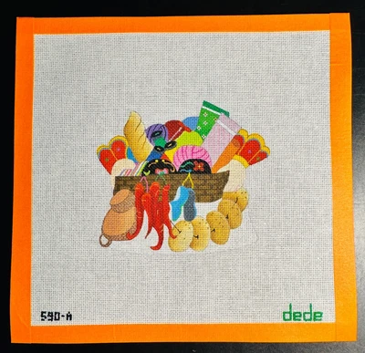 MARKET BASKET - Vintage Handpainted Needlepoint Canvas By DEDE - 8x8" NOS - Image 1 of 4