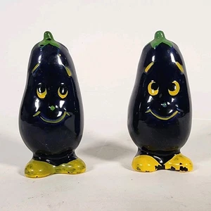 Vtg Anthropomorphic Eggplant Salt Pepper Shakers Purple Yellow Japan 4.5" - Picture 1 of 8