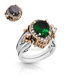 Turkish Reversible Drop Emerald and Black Onyx Topaz 925 Sterling Silver Ring - Picture 1 of 12