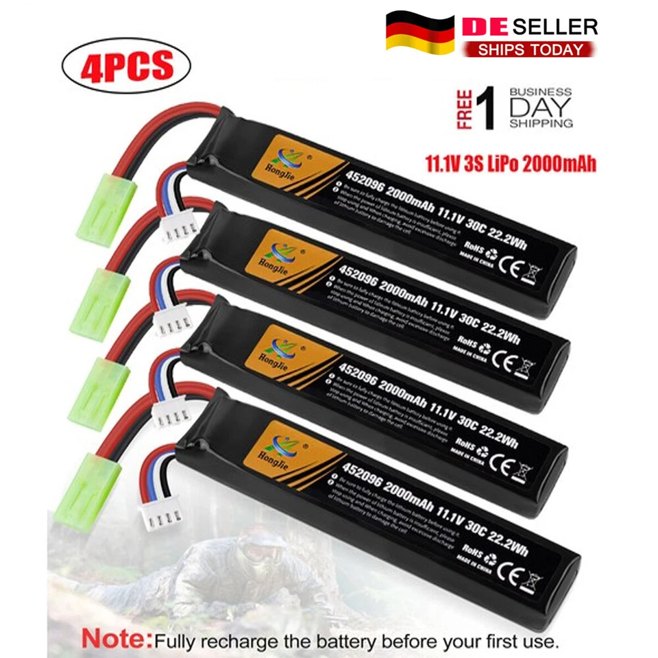 4PCS 2000mAh 11,1V Airsoft Batterie 30C Hobby LiPo Akku mit Mini Tamiya Stecker - Bild 1 von 4