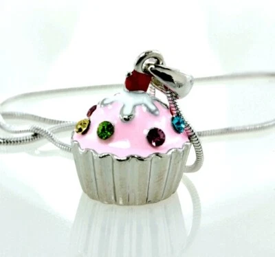 Cupcake Necklace Made With Swarovski Crystal Pink Sweet Cake Pendant 18" Chain - Image 1 of 2