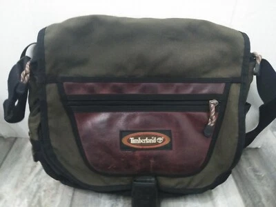 TIMBERLAND Brown Leather Army Green Canvas Large Messenger Flap Briefcase Bag🌟 - Image 1 of 4