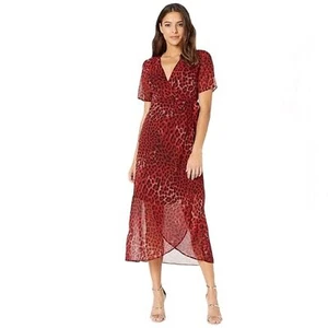 Bardot Women’s Leopard Animal Print Wrap Dress Size 12 Red Midi - Picture 1 of 10