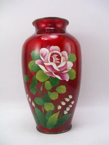 Japanese Ginbari Red Foil Cloisonne Floral Flower Vase 6 7/8 inches - Picture 1 of 8