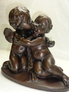 Cherub Heavy Resin Sculpture Baby Eros Cupid Angles Kissing Figurine Faux Bronze - Picture 1 of 12