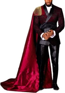 Green Men's Suits Party Prom Jacket Pant Jacquard Suit with Removable Satin Cape - Picture 1 of 64