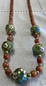 VTG Japanese Cloisonné NECKLACE- Floral Inlaid Beads, Orange Stone - Picture 1 of 9