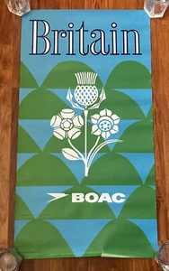 BOAC Travel Poster Britain Green Blue White 29 1/2" x 16" Vintage Original - Picture 1 of 9