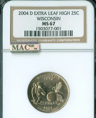 2004 D WISCONSIN STATE QUARTER EXTRA LEAF HIGH NGC MS67 PQ MAC SPOTLESS * - Image 1 of 2