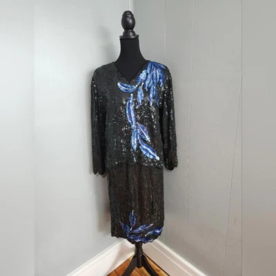 Juego de 2 lentejuelas vintage Royal Feelings 100 % seda pura negro azul talla grande Foto 1 de 4