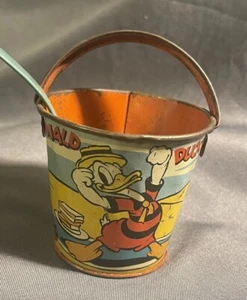 Vintage 1939 Litho Disney Beach Pail Donald Duck Toy Ohio Art Bucket & Shovel - Picture 1 of 12
