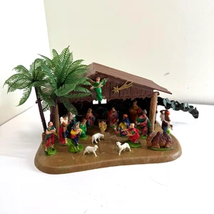 Belén de plástico vintage Sears con palmera estable completo 15 piezas belén - Imagen 1 de 8