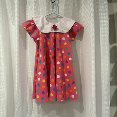 Vintage Rachel’s Kids - Girl’s 5x Pink Polka Dot Flower On Bib Knee Length Dress - Image 1 of 3