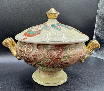 Vtg Royal Moriage Satsuma Floral Compote Tureen Dish Lid Gold Handles Japan 8” - Image 1 of 4