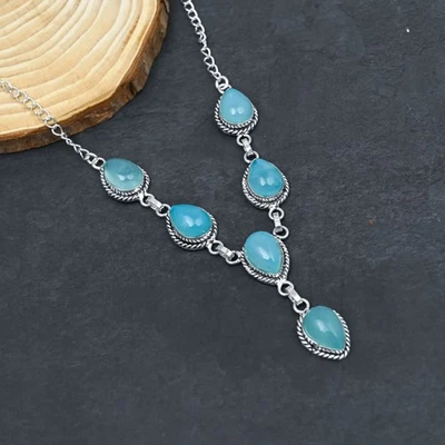 Blu Calcedonio Gemma Artigianale Argento Sterling 925 Gioielli Collana - Immagine 1 di 4