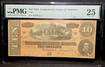 T-68 $10 1864 Confederate States Civil War Obsolete Banknote Currency, PMG VF25 - Image 1 of 4