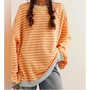 We The Free Classic Striped Crewneck Sweatshirt oversized tangerine combo sz L - Picture 1 of 7