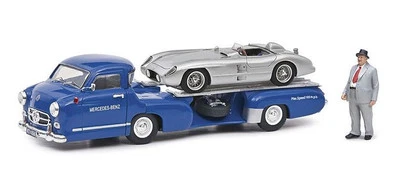 SCHUCO - Porta auto MERCEDES blu con MERCEDES 300 SLR grigio con figurina - 1... - Immagine 1 di 3