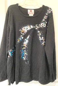 Quacker Factory Size XL Sequin Bow Long Sleeve Black Lightweight Sweater - Picture 1 of 6