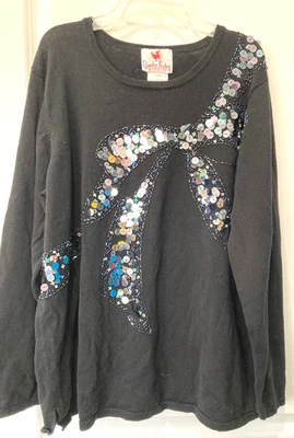 Quacker Factory Size XL Sequin Bow Long Sleeve Black Lightweight Sweater - Image 1 of 4