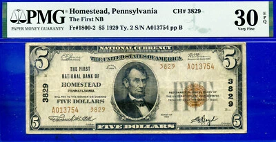 1929 $5 National Bank Homestead, Pennsylvania CH# 3829 PMG 30EPQ highest graded - Image 1 of 4