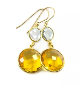 Yellow SImulated Citrine Earrings Double Round Bezel Dangle Drops 2" 14k Gold - Picture 1 of 3