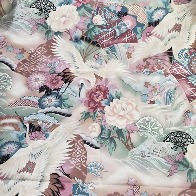 Ohana Asian Cranes Cotton Sewing Fabric Floral Fans Maywood Studio 72 x 44 in - Image 1 of 4