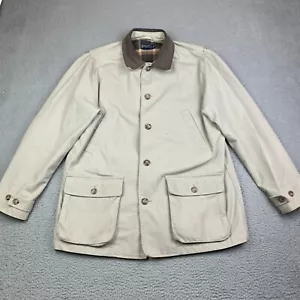 Vtg Lands End Chore Coat Mens L Leather Trim Flannel Lined Barn Field Jacket - Picture 1 of 18