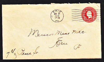 U429e POSTAL ENVELOPE COVER ERIE PENNSYLVANIA TO ERIE 1933 - Image 1 of 2