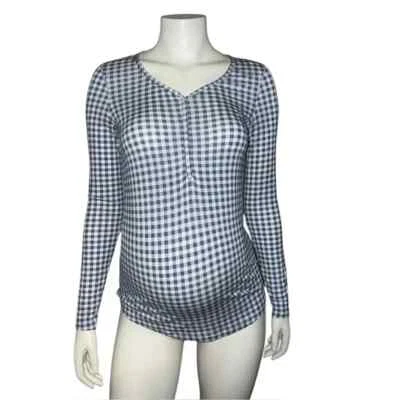 Gap Maternity Modal Henley Pajama Top Blue Gingham Stretch XXS NWOT - Image 1 of 4