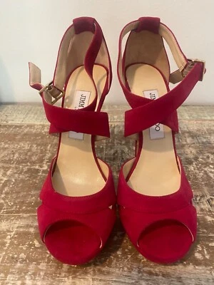 $850 New JIMMY CHOO Pink Magenta Suede Platform Sandal 38 1/2 - Image 1 of 4