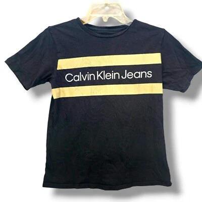 Calvin Klein Boys T-Shirt Top Size M(10-12) Black & Gold Cotton Stripe Logo - Image 1 of 4