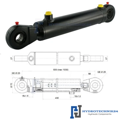 HYDROTECHNIK24 Hydraulikzylinder Doppelwirkend DW Zylinder 50/28 400 Hub mit Gelenkaugen 25mm