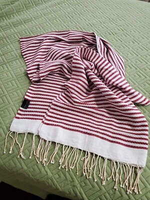 Fouta Bath Towel Beautiful Red and White Striped w/Fringe 100% Cotton 74" L  - Image 1 of 4