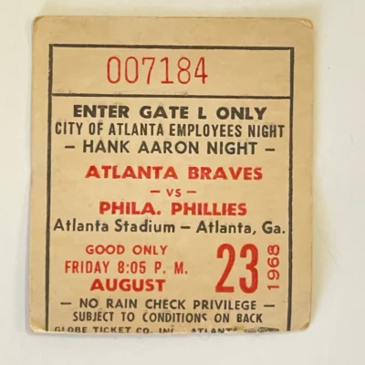 Hank Aaron HR #504 Ticket 8/23/1968, Braves vs Phillies, Only 23K Attendance - Image 1 of 4