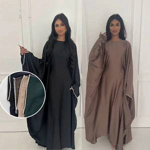 Satin Kaftan Abaya Dubai Women Evening Long Dress Elegant Robe Muslim Gown Prom - Picture 1 of 28